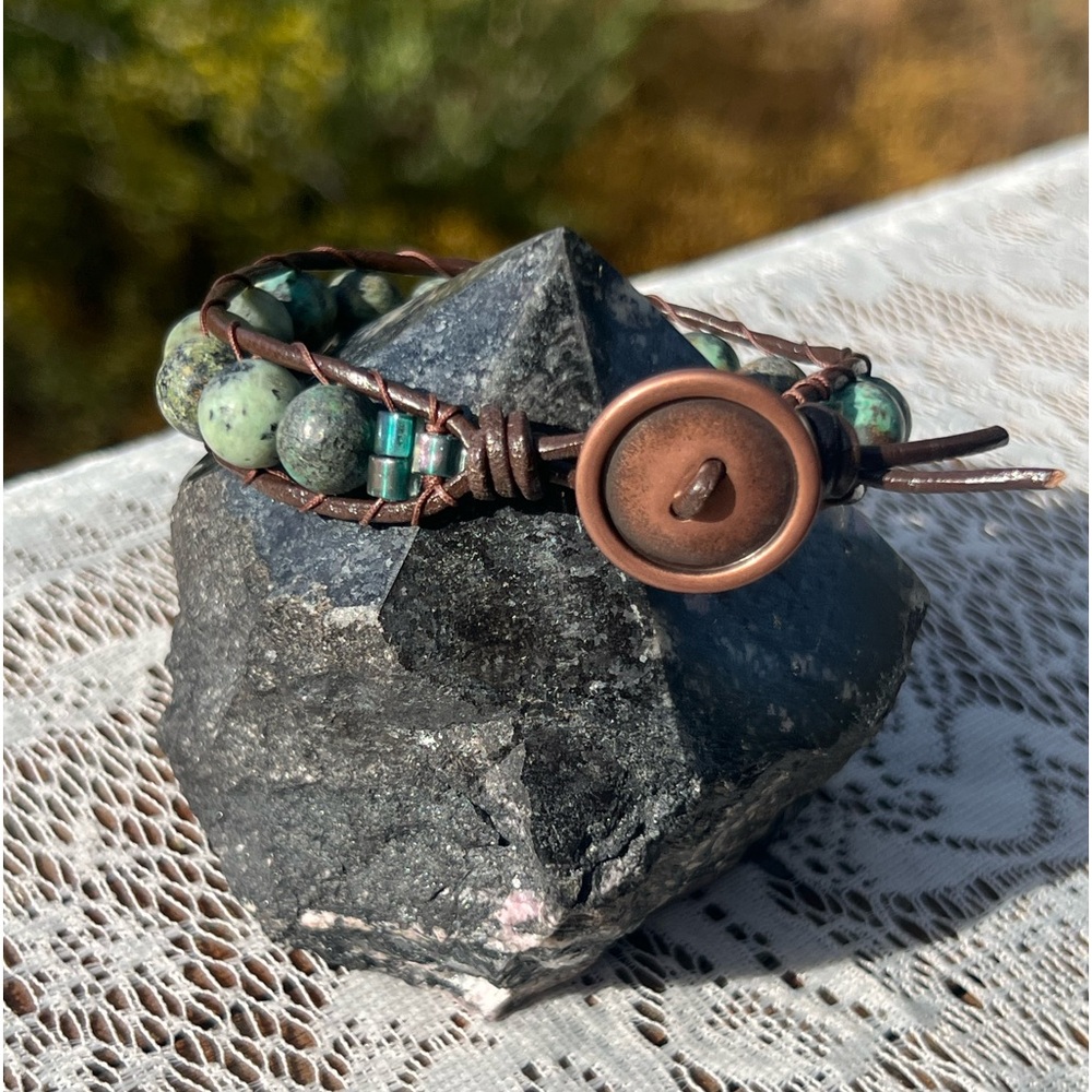 HM052 African turquoise Leather wrap Bracelet 7.5”